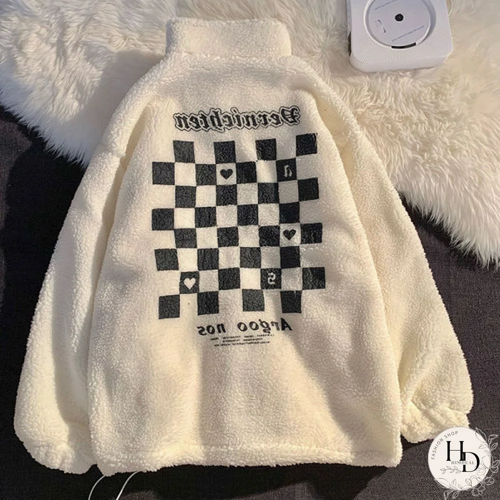 Neutral Contrast Checkerboard Print Sherpa Jacket