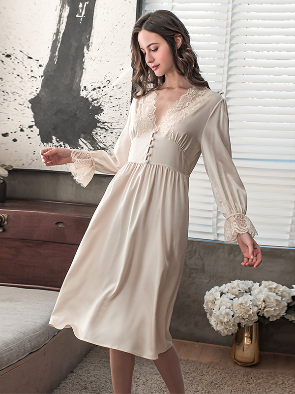 Clearance-19 Momme Royal Lacey Luxurious Silk Nightgown REAL SILK LIFE