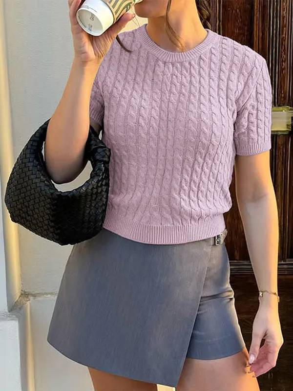 Solid Color Split-Joint Short Sleeves Round-neck Sweater Tops Pullovers