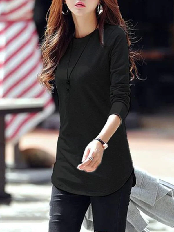 Long Sleeves Solid Color Round-Neck T-Shirts Tops