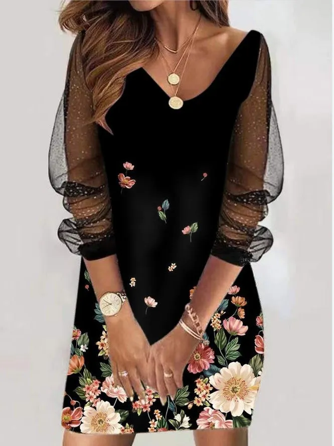 Women's Long Sleeve V-neck Stitching Graphic Midi Dress