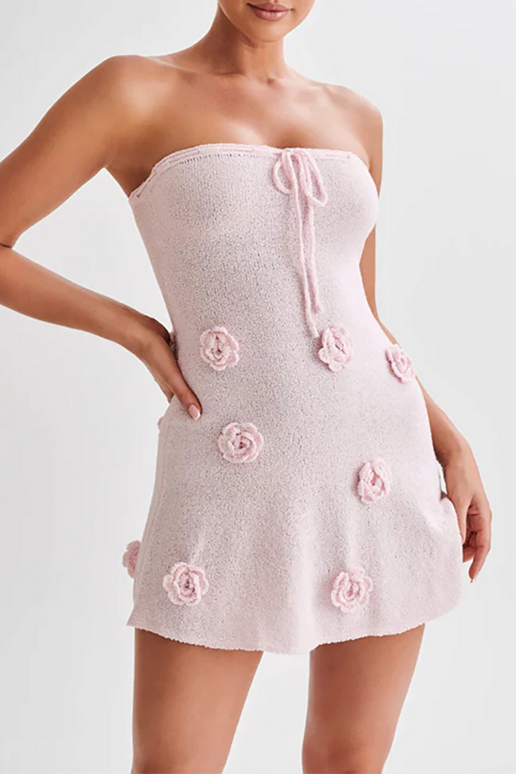 Strapless Tie Up Slim Fit 3D Flower Decor Knit Mini Dresses-Pink