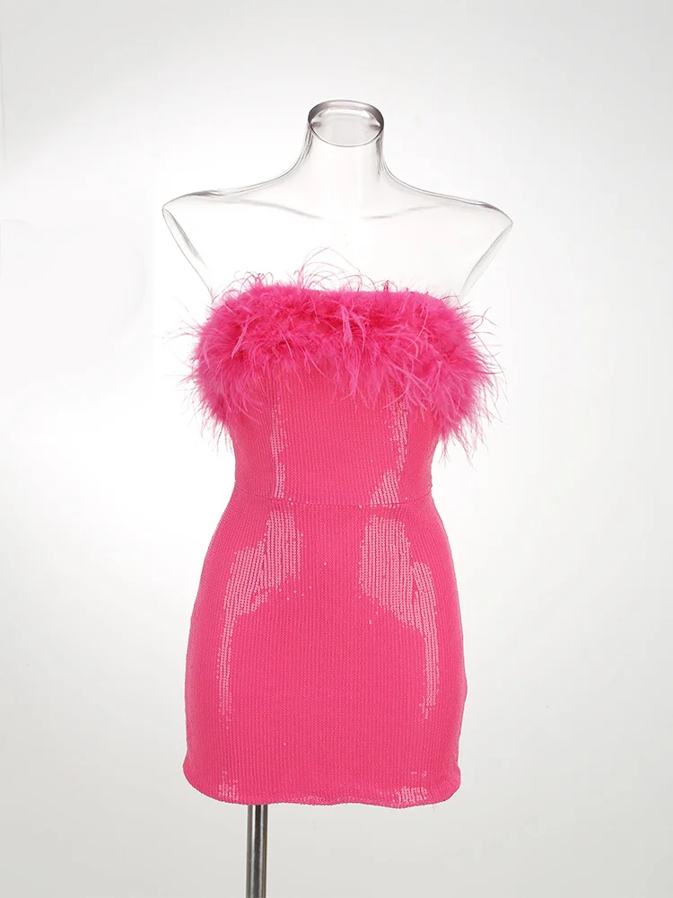 Zingj High-End Cross-Border Women's Sexy Bareback Ostrich Hairy Twilight Dress Temperament Squints