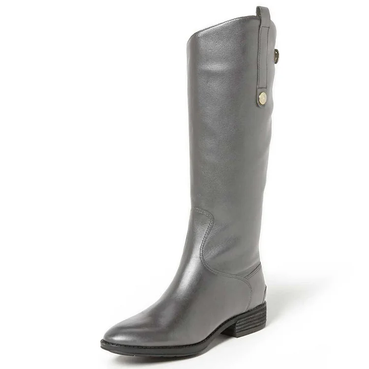 Metallic Grey Almond Toe Low Block Heel Knee Riding Boots |FSJ Shoes