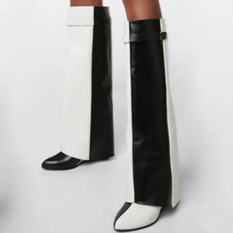 Black And White Simple Boots Fashion Knee High Boots