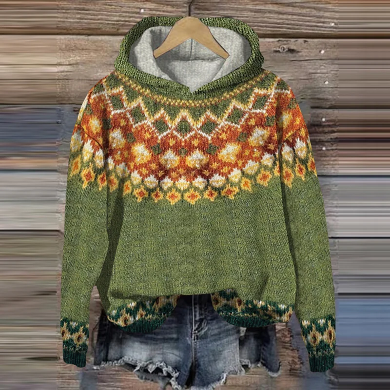 Iceland Geometric Diamond Contrast Jacquard Hooded Sweater