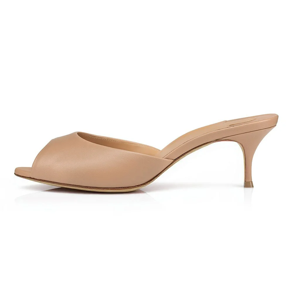 Fashion Peep Toe Kitten Heel Slip On Mules for Women in Nude