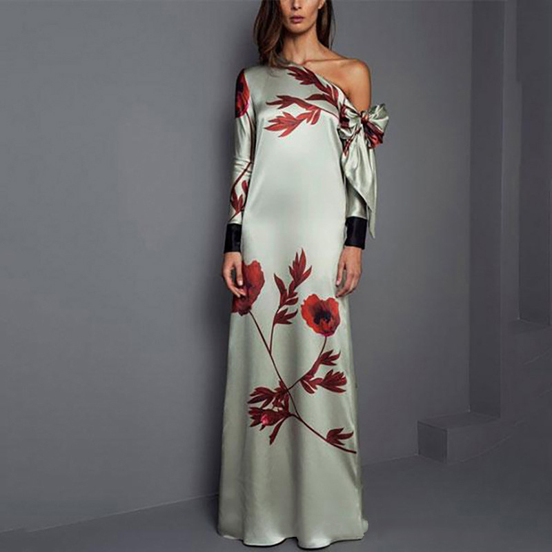 Fashion Floral Print Straight Off Shoulder Bow Casual Party Maxi Dress