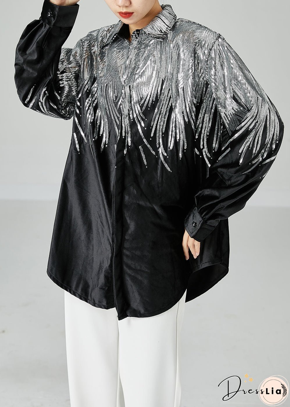 Stylish Black Oversized Sequins Spandex Coats Spring