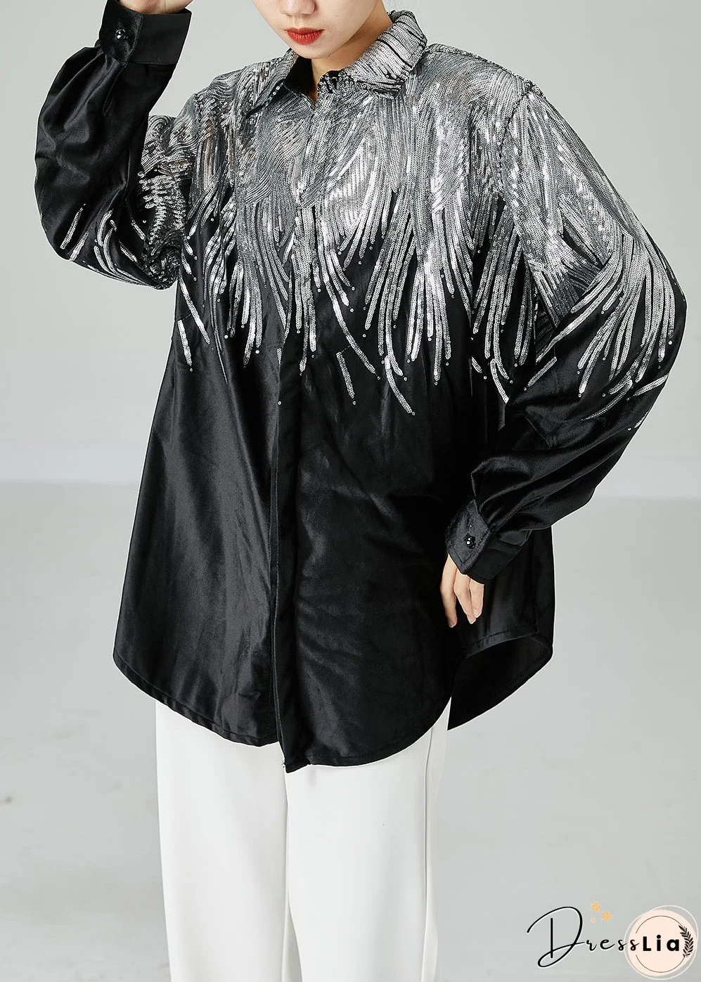 Stylish Black Oversized Sequins Spandex Coats Spring