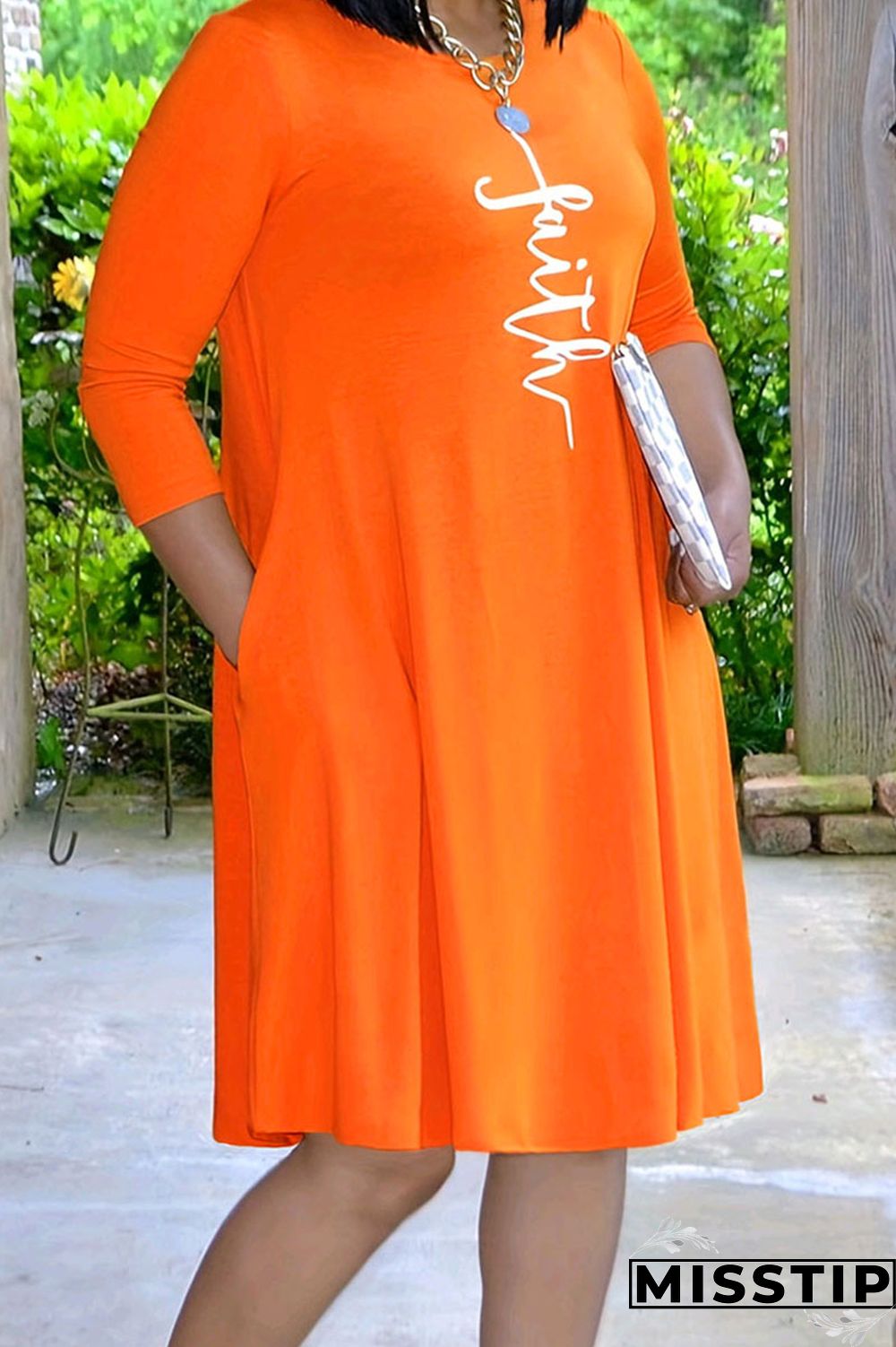 Purple Casual Print Patchwork Pocket O Neck Straight Plus Size Dresses