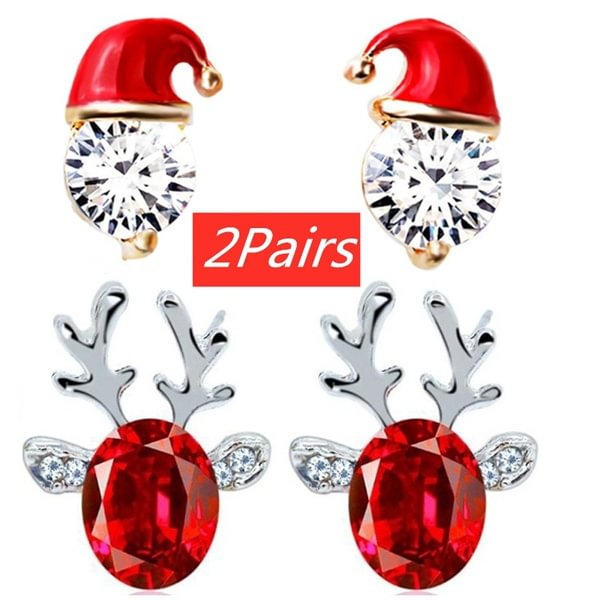 Xmas Earrings 2Pairs Suit White Diamond Christmas Hat Ear Studs and Red Crystal Gemstone Antler Earrings Bride Wedding Jewelry Women Fine Jewelry Valentine's Day Gift Mother's Day Gift Xmas Gifts - Shop Trendy Women's Fashion | TeeYours
