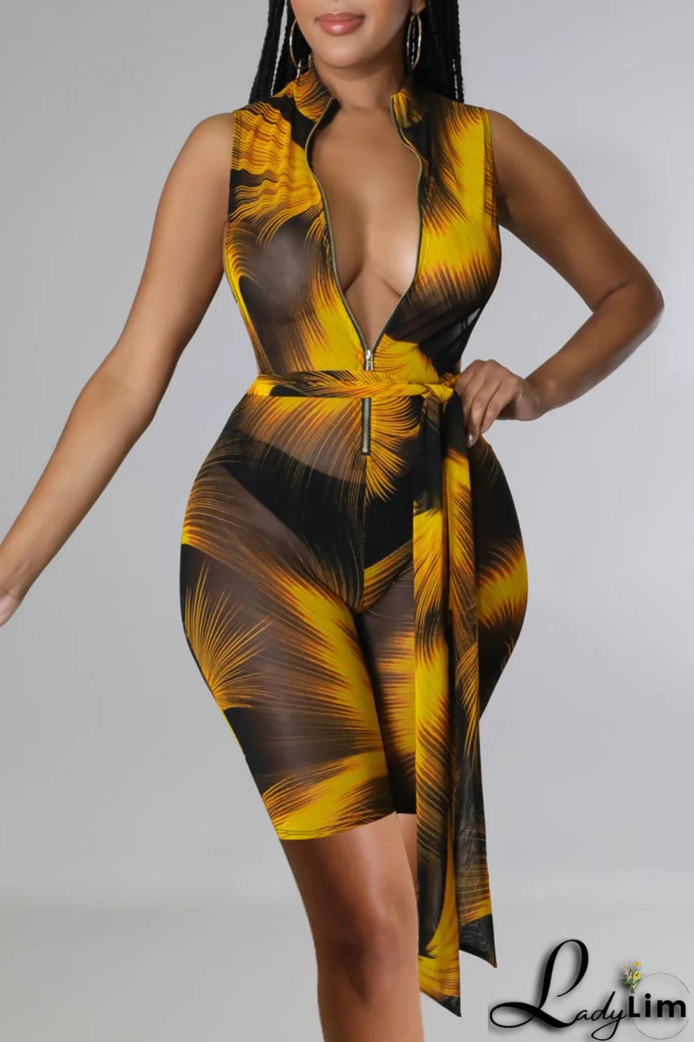 Green Sexy Print Patchwork Zipper Collar Skinny Jumpsuits