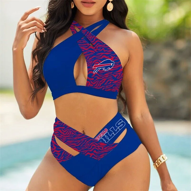 Buffalo Bills Women Halter Neck Swimsuits High Waist Bikini Set Bathing  Cloth