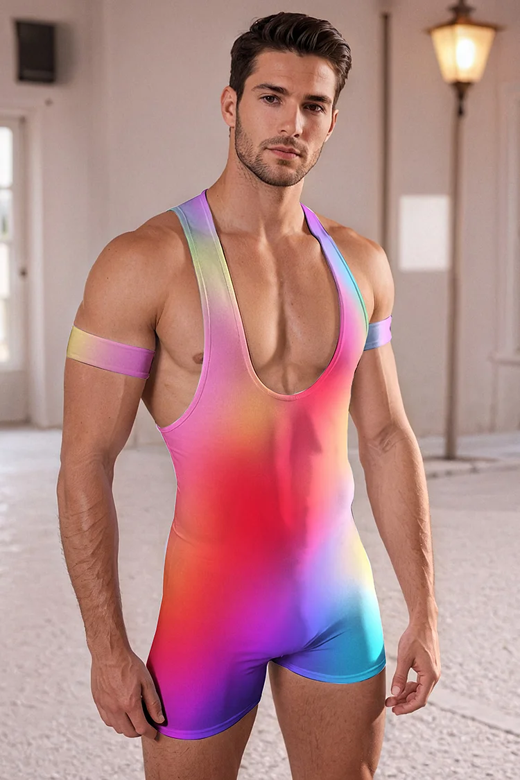 Men's Ombre Plunge Neck Pride Festival Singlet Romper