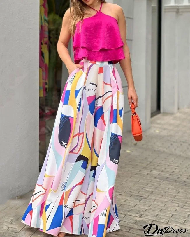 Women's Spring/Summer Sleeveless Double Layer Halter Neck Top Printed Straight Pants Two Piece