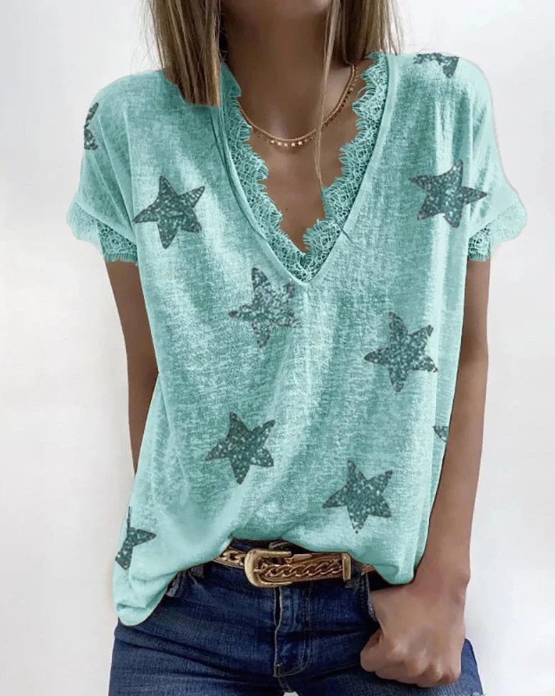 Women's Summer V-neck Lace Loose Print T-shirt