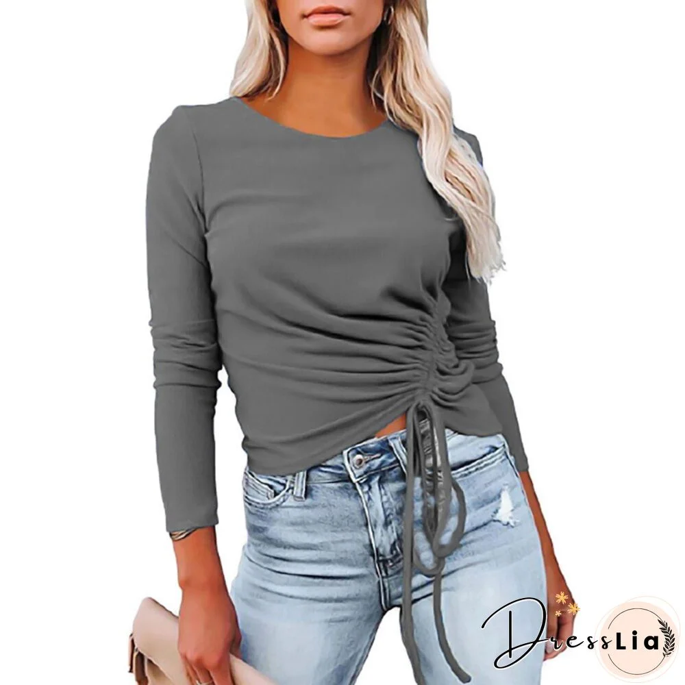 Office Lady Elegant Side Pleated Tops Women Stylish Long Sleeve Solid Color T-Shirt Round Neck Casual Slim Fashion Blouse D30