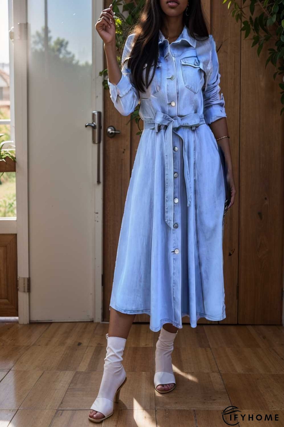 pocket lapel belted long sleeve denim dress | IFYHOME