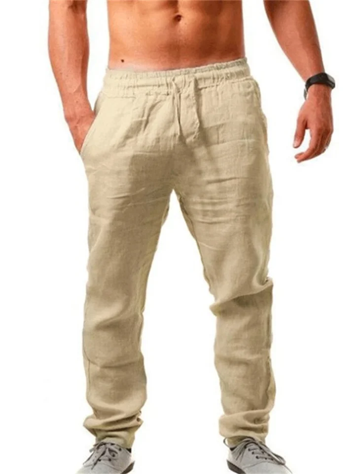 Men's Linen Pants Trousers Beach Pants Pocket Drawstring Elastic Waistband Plain Comfort Breathable Daily Stylish Hip Hop Dark Khaki Light Khaki Micro-elastic-Cosfine