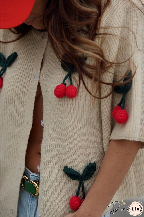 Meridress Short Sleeves Button Up Cherry Decorative Knit Sweater