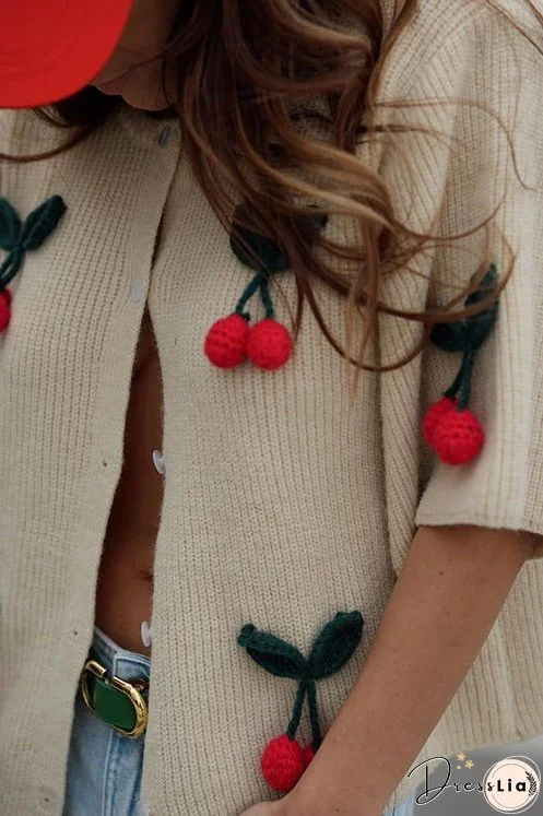 Meridress Short Sleeves Button Up Cherry Decorative Knit Sweater