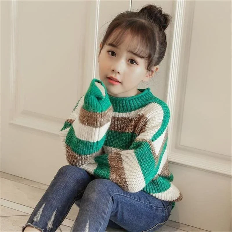 Spring Winter Girl Casual Hedging Sweater Children's Knitted Woolen Kids Warm Thicken Plus Velvet High Quality Color Matching
