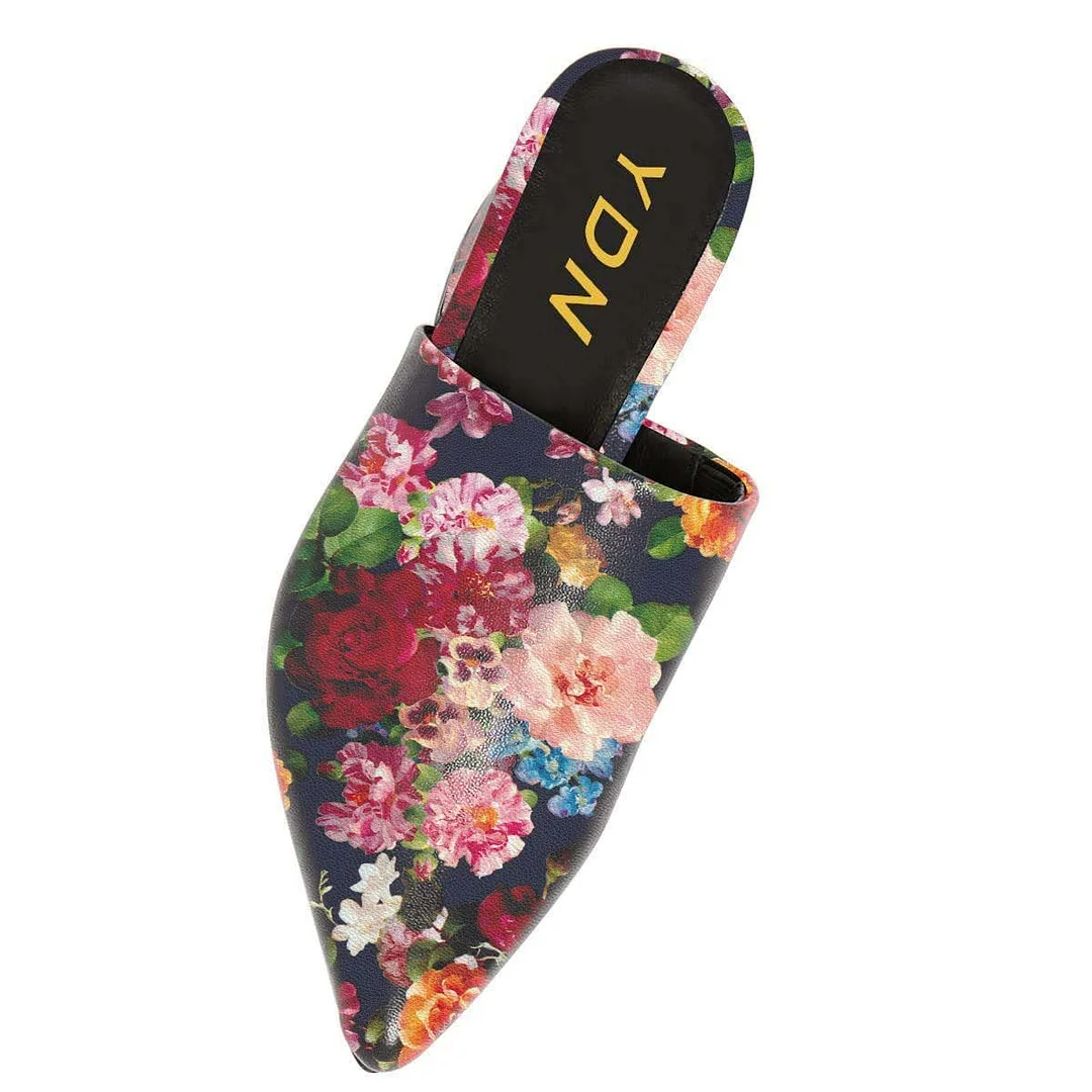 Multicolor Pointed Toe Chunky Heel Floral Print Slip On Mules Shoes