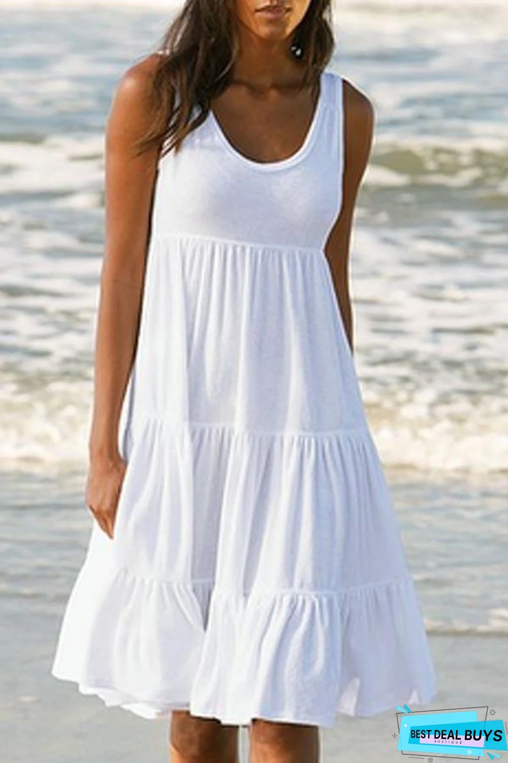 Paneled Solid Sleeveless Beach Midi Dress White Dresses