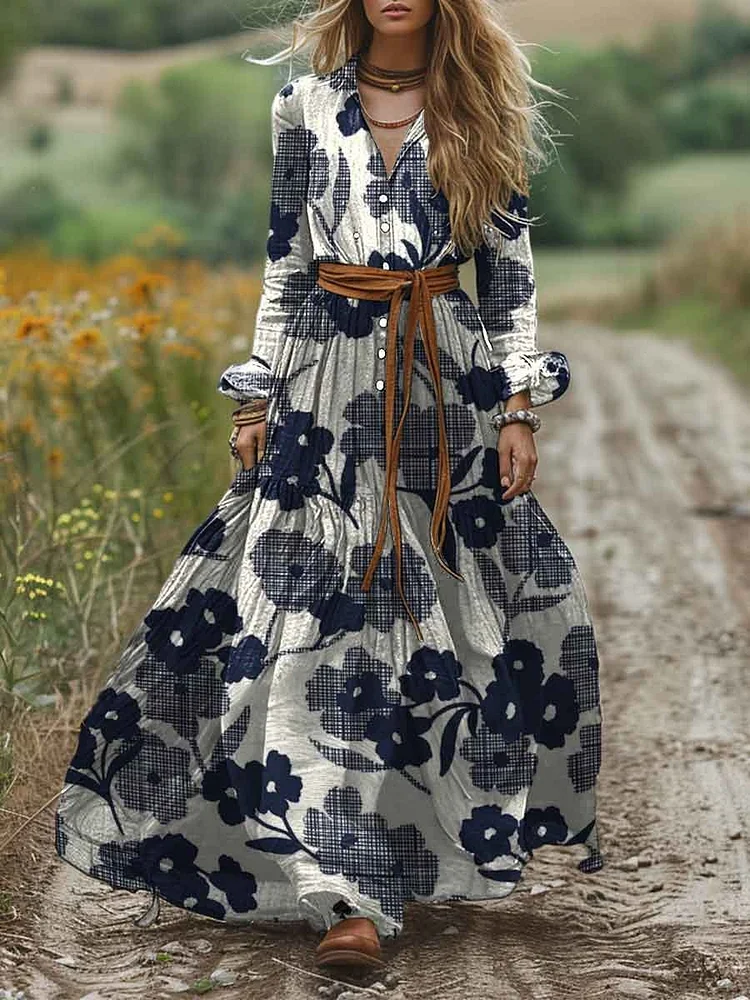 Women's Shirt Collar Solid Color Printed Pocket Cotton Long Sleeve Dress