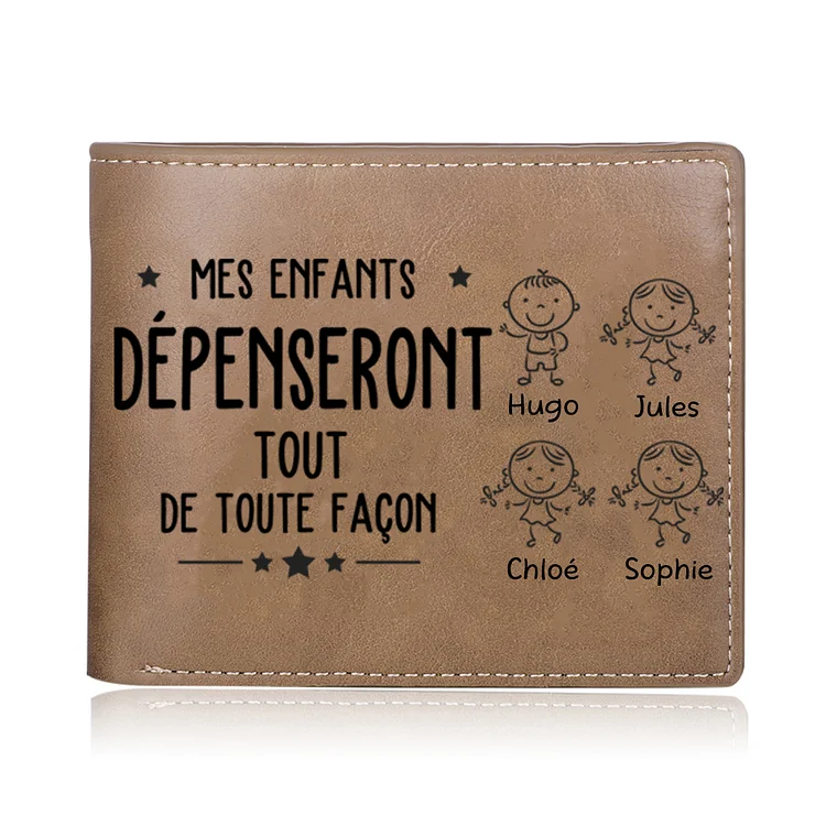 À Papa-Portefeuille 4 Prénoms Personnalisés avec 4 Enfants Classique Homme Porte-Monnaie Carte Jessemade FR