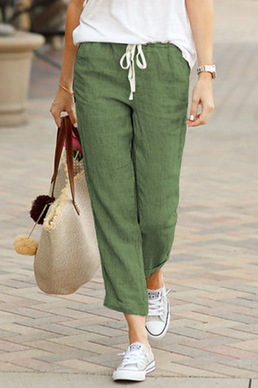 Plus Size Casual Blue Cotton And Linen Drawstring Cropped Pants 2024 - Flycurvy 