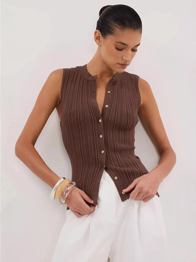Uveng Uveng Summer Sleeveless Single-Button Clasp Knit Small Cardigan New Tight Vest Explosion