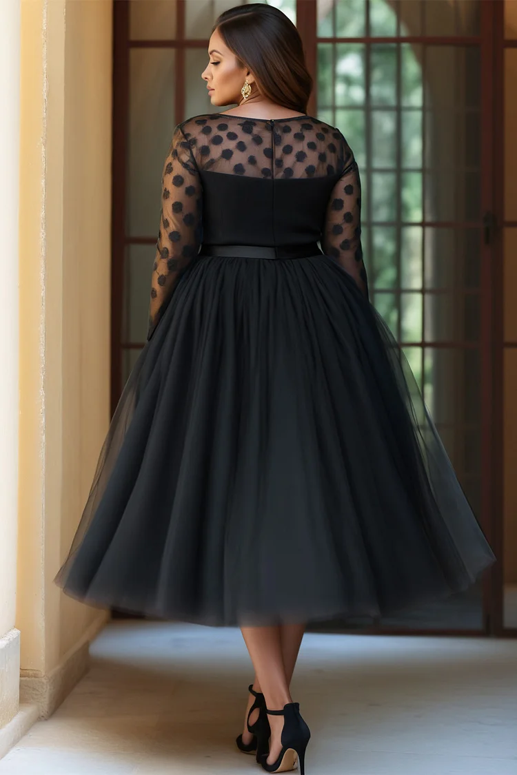 Xpluswear Design Plus Size Wedding Black Boat Neck Long Sleeve See Through Lace Tulle Midi Dresses