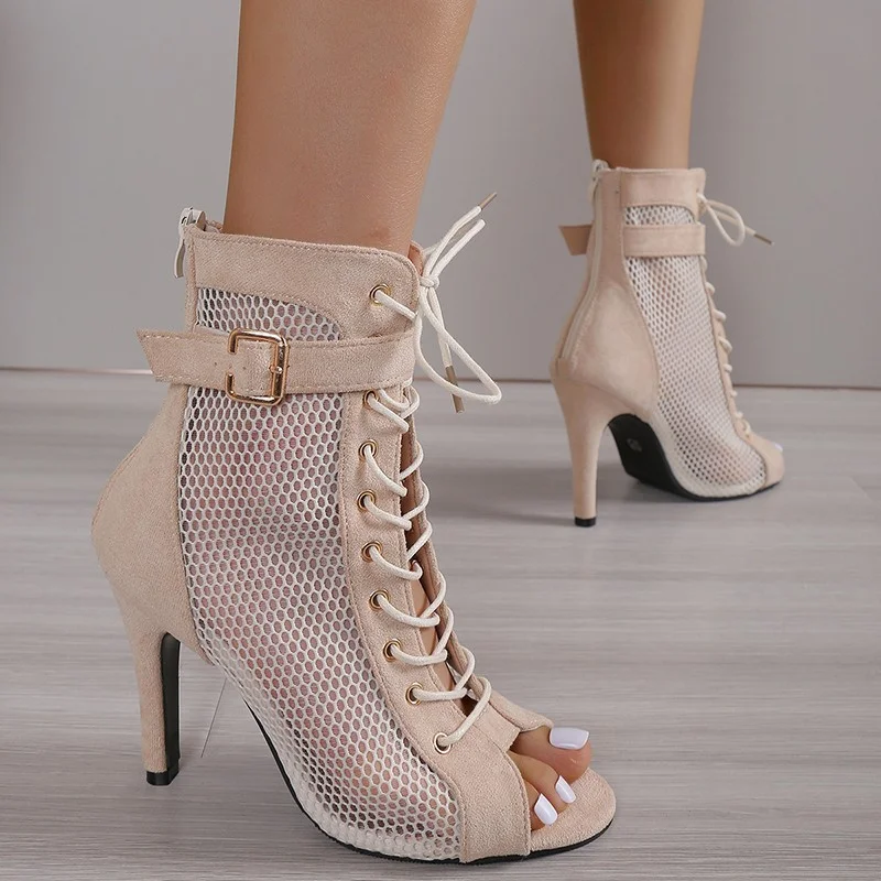 Churchf Churchf 2023 New Mesh Yarn Fish Mouth Sandals Female Summer Thin Heel Hollow-Out Ankle Boots Jazz Dance Dance High Heels