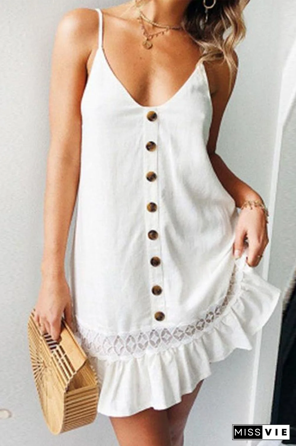 Sweet V Neck Lace Stitching Sling Dress