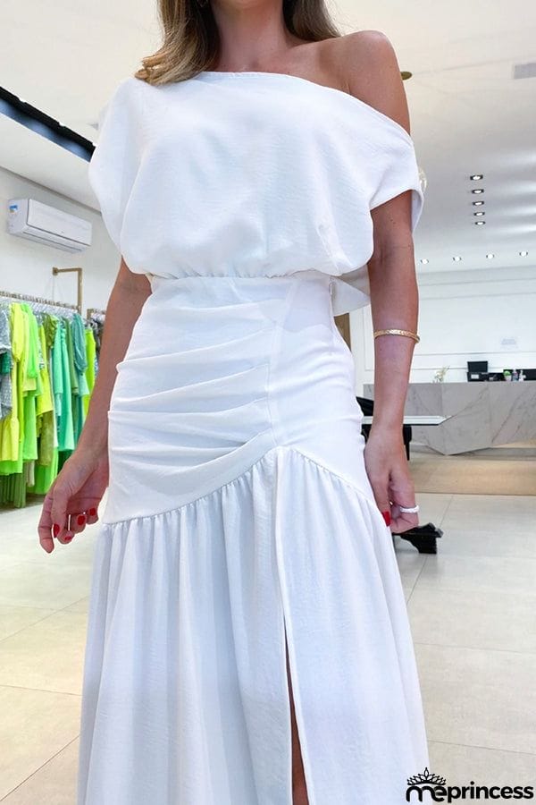 Midnight Chances One Shoulder Ruched Detail Slit Maxi Dress