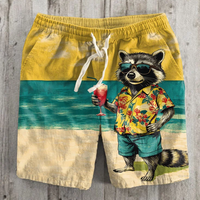 Retro Seaside Raccoon Vacation Art Print Casual Shorts