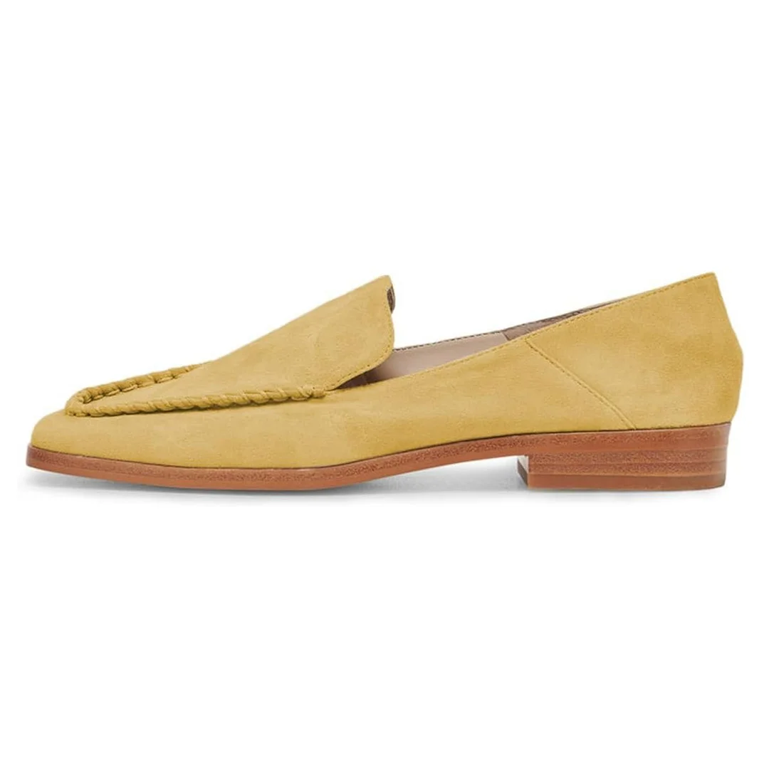 Yellow Vegan Suede Closed Square Toe Flat Comfy Loafer Shoes Women
