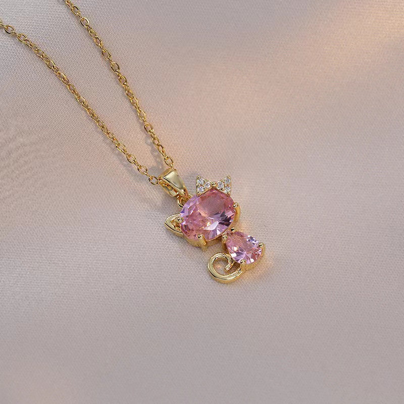 Design Kt Cat Pendant Necklace Micro Inlaid Zircon Copper Plated 18 Gold All-Match Clavicle Chain