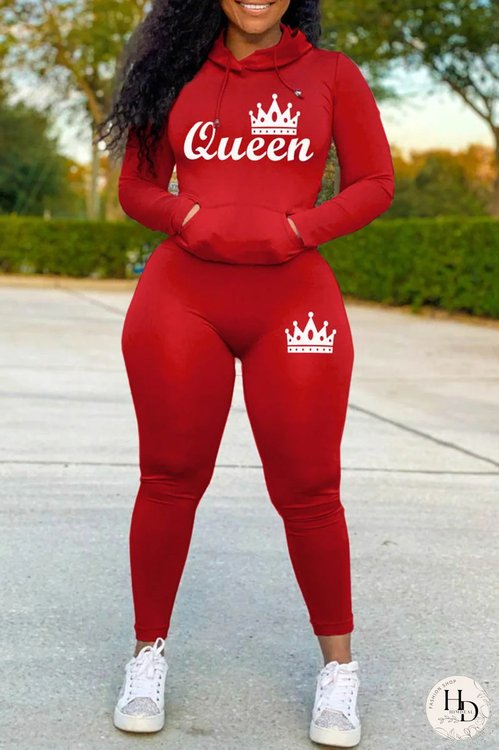 Red Casual Letter Print Basic Hooded Collar Long Sleeve Two Pieces