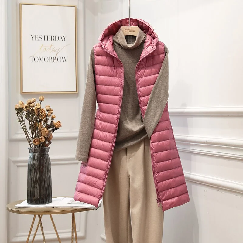 FTLZZ 2020 Winter New Women Ultra Light White Duck Down Jacket Zipper Medium Long Vest Casual Outerwear 4XL Plus Size Down Coat