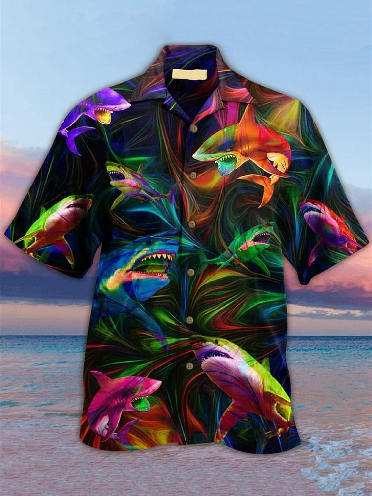 Ocean Creatures Short Sleeve Funny Shark Hawaiian Shirts for Men
