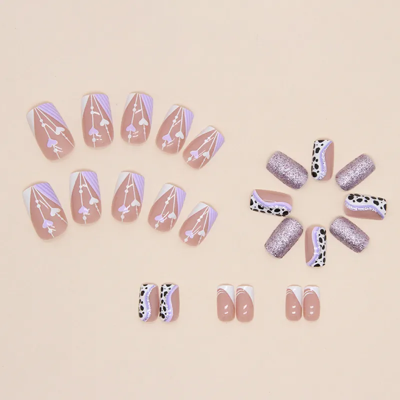 Churchf Churchf Long Sweet Sister Fashion Nail Cow Lines Love Fake Nail Pink Tender Girl Wind Wear Nail