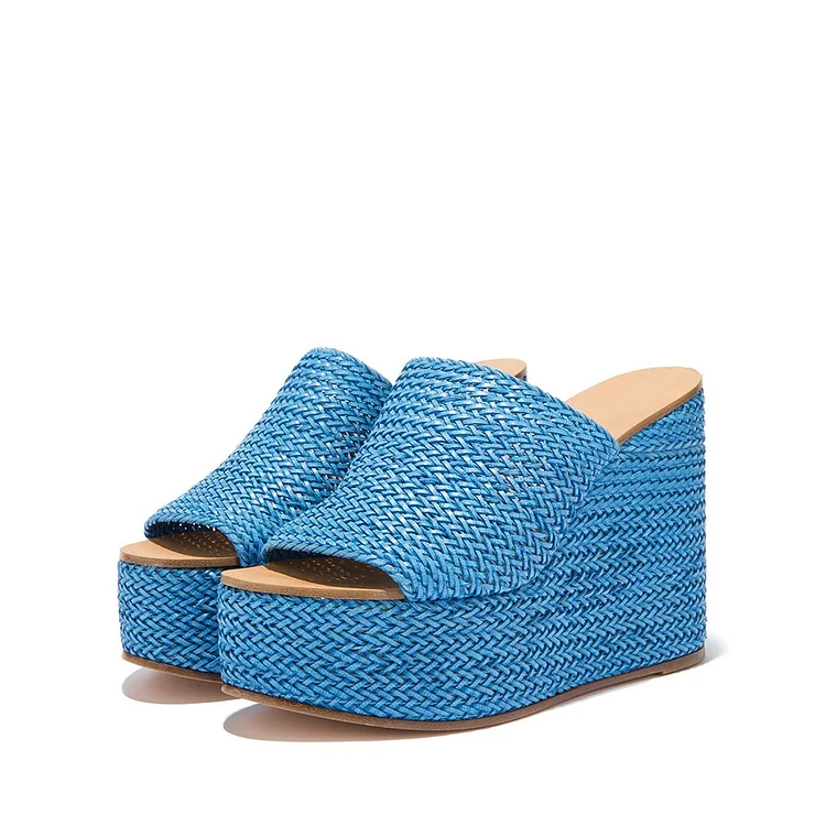 Blue Woven Platform Wedge Heels Mules Sandals |FSJ Shoes
