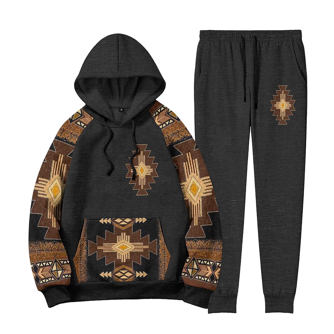 Casual Western Style Ethnic Print Black Tracksuit Two Piece Set