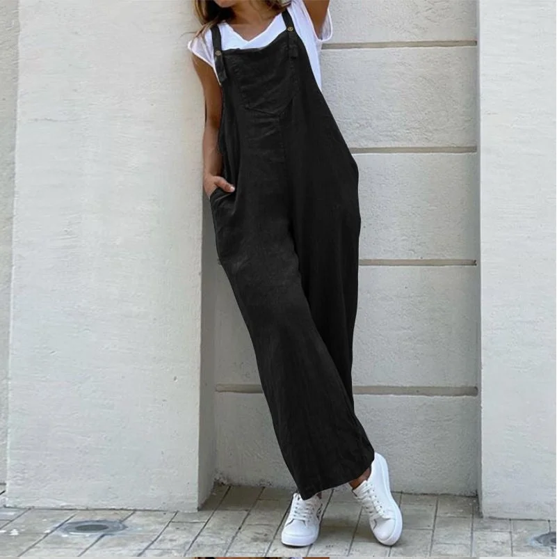 ABEBEY-Suspender Solid Long Women Jumpsuit Casual High Waist Cotton Linen Women Jumpsuits Pocket Straight Button Jumpsuits Loose 3XL