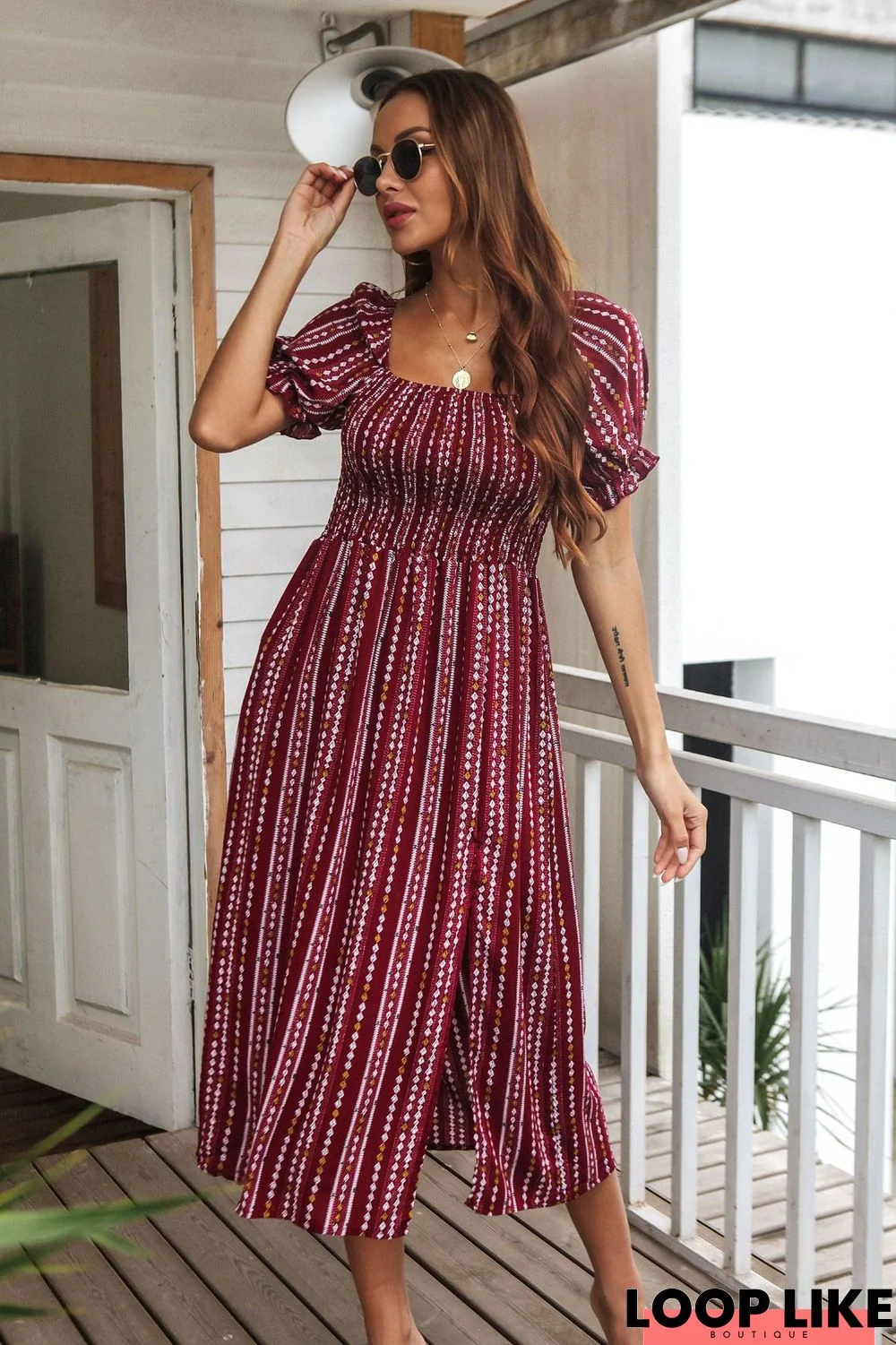 Printed Bubble Sleeve Cotton Dress