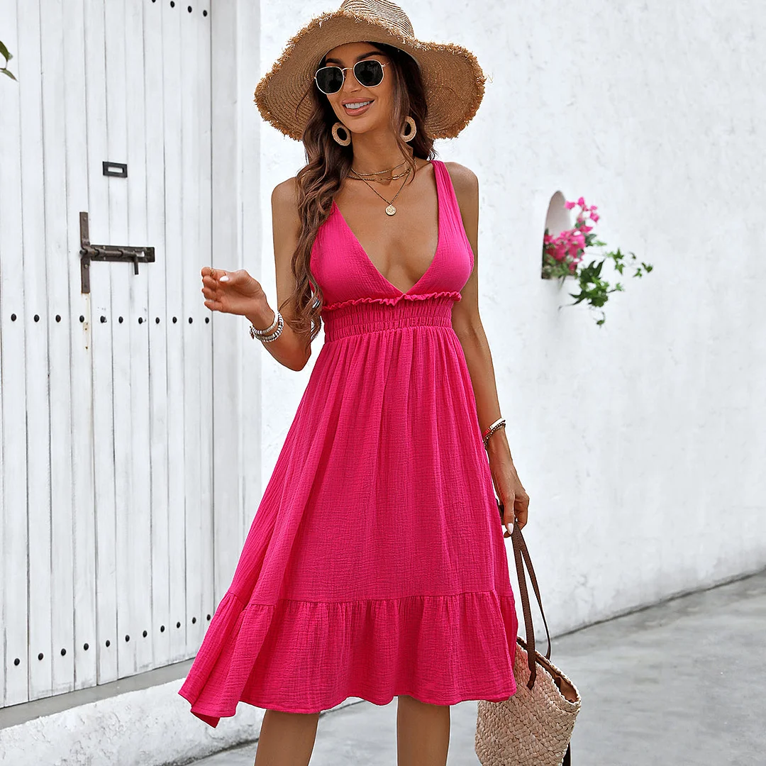 V Neck Smocked Waist Frill Casual Dress