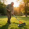Thatch Rake with Wheels Steel Metal Dethatcher Rake with Adjustable Handle for Cleaning Dead Grass Loosening Soil Lawn Care